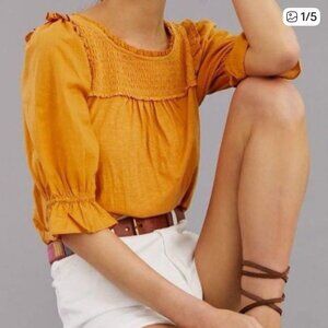 Anthropologie Ruffle Smocked Puff Sleeve Knit Top Womens XXS Mustard Yellow